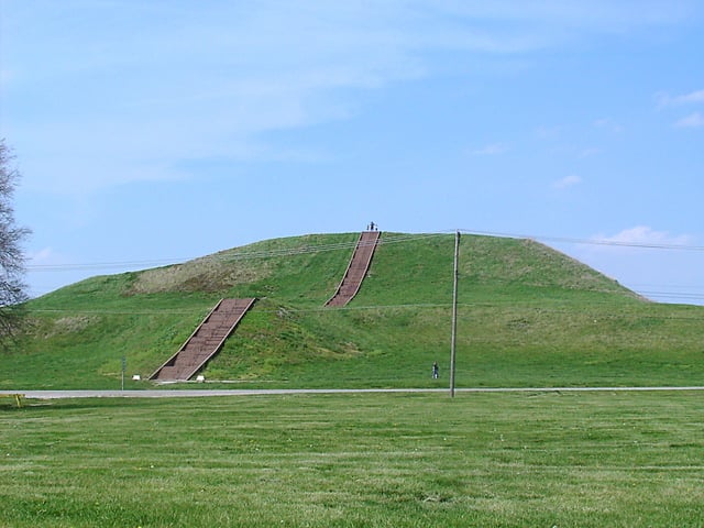 Monks Mound, located at the Cahokia Mounds near Collinsville, Illinois, is the largest Pre-Columbian earthwork in America north of Mesoamerica and a World Heritage Site