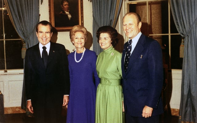 (Left to right) President Richard Nixon and First Lady Pat Nixon with Betty Ford and Congressman Gerald Ford after President Nixon nominated Congressman Ford to be vice president, October 13, 1973.