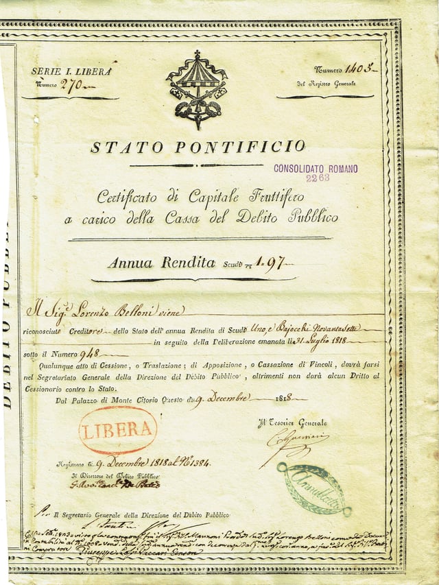 Bond of the Papal States, issued 9 December 1818.