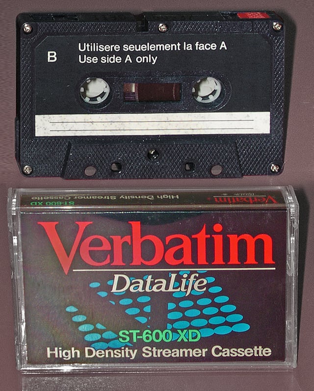 A streamer cassette for data storage, adapted from the audio Compact Cassette format