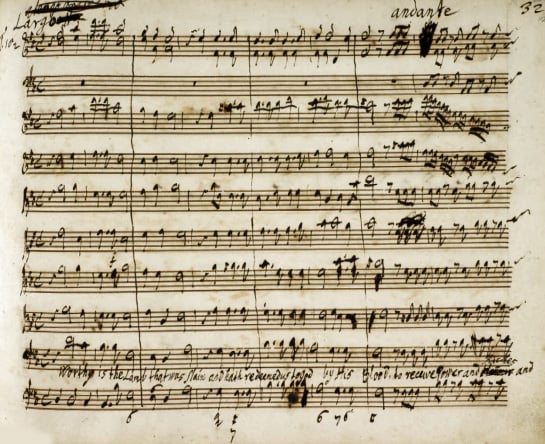 First page of the concluding chorus "Worthy is the Lamb": From Handel's original manuscript in the British Library, London.