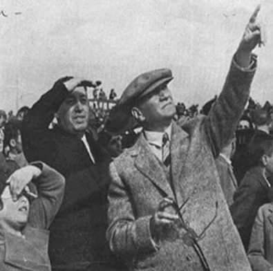 Atatürk at the Etimesgut Airport in Ankara, built by the Turkish Aircraft Association. His famous quote, "the future is in the skies", is embossed today on the airport's façade.