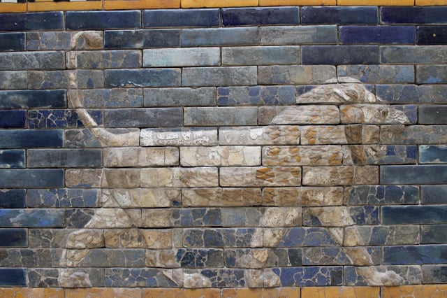 Roaring and striding lion from the Throne Room of Nebuchadnezzar II, 6th century BC, from Babylon, Iraq