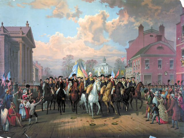 Washington enters New York in triumph following the British evacuation of America.