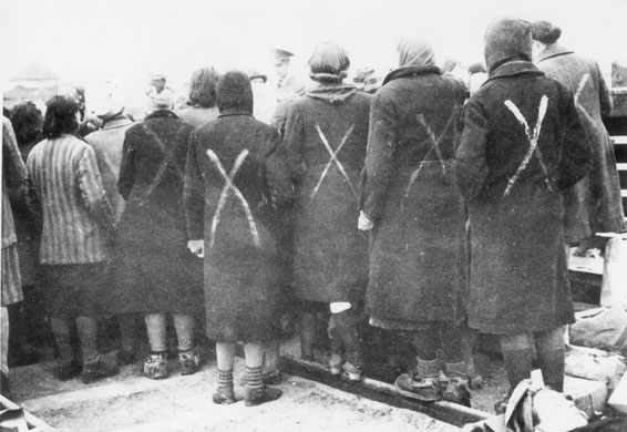 Female prisoners gathered when the Red Cross arrive to Ravensbrück in April 1945. The white paint marks shows they are prisoners.