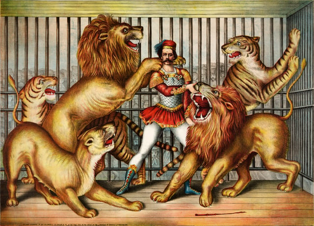 19th-century etching of a lion tamer in a cage with lions and tigers