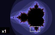 Mandelbrot set: Self-similarity illustrated by image enlargements. This panel, no magnification.