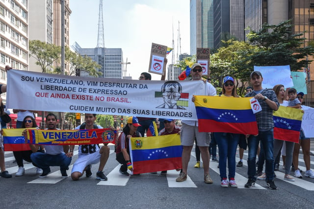 Venezuelans in a protest against the Bolivarian Revolution in São Paulo, Brazil.