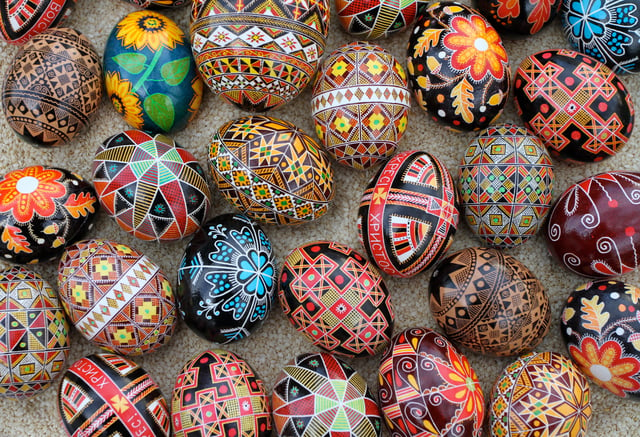 A collection of traditional Ukrainian Easter eggs – pysanky. The design motifs on pysanky date back to early Slavic cultures.