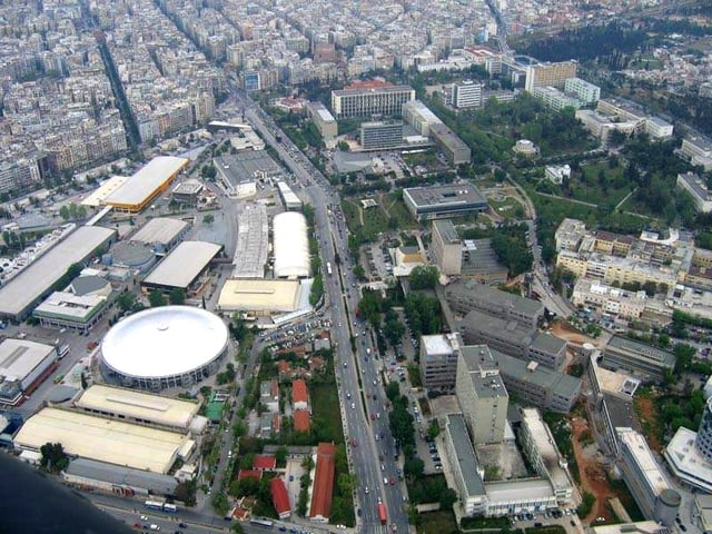 Aerial view of the campus (to the right) of the Aristotle University of Thessaloniki, the largest university in Greece and the Balkans.