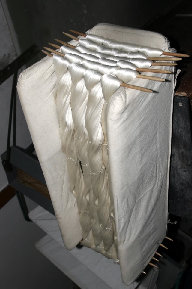 Raw silk of domesticated silk worms, showing its natural shine.