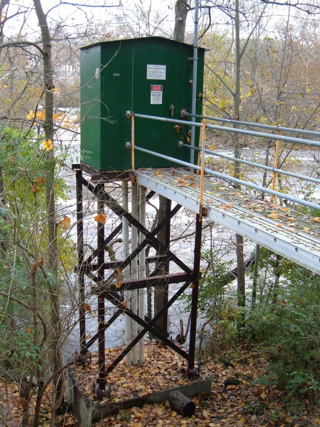 USGS gauging station 03221000  on the Scioto River below O'Shaughnessy Dam near Dublin, Ohio