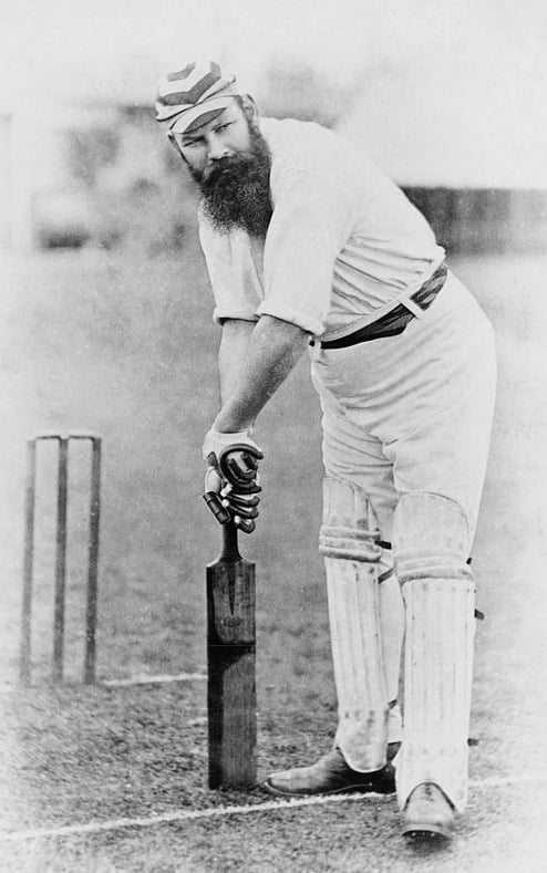 English cricketer W. G. Grace "taking guard" in 1883. His pads and bat are very similar to those used today. The gloves have evolved somewhat. Many modern players use more defensive equipment than was available to Grace, notably helmets and arm guards.