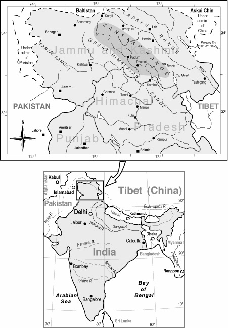 The Map of Kashmir, showing the tri-national control from China, Pakistan, and India, ca. 2005.