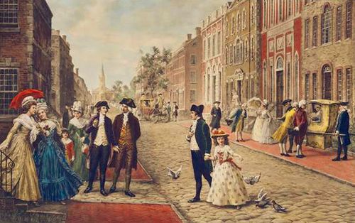 Aaron Burr, Alexander Hamilton and Philip Schuyler strolling on Wall Street, New York, 1790