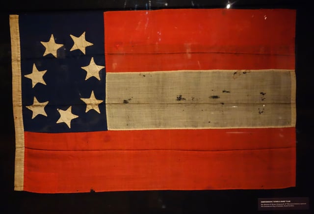 A Confederate "Stars and Bars" flag, captured by soldiers of the Union Army at Columbia, South Carolina.
