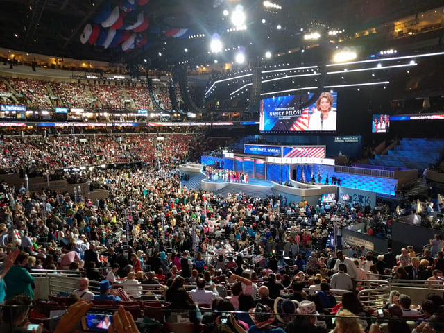 View of the stage at the Wells Fargo Center, during the 2016 Democratic National Convention.