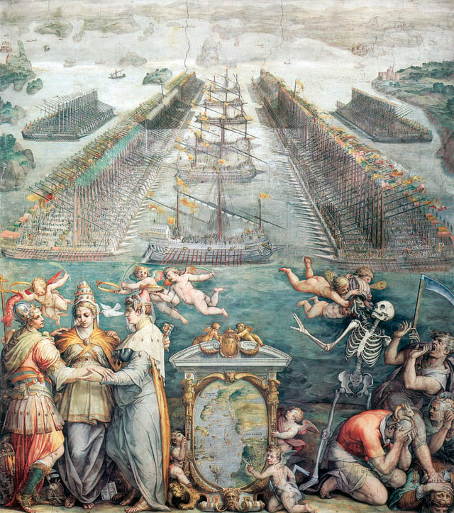 Order of battle of the two fleets, with an allegory of the three powers of the Holy League in the foreground, fresco by Giorgio Vasari (1572, Sala Regia).
