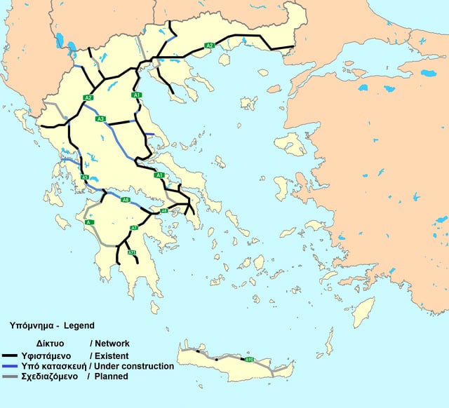 Map of Greece's motorway network as of 2016. Black=Completed routes, Blue=Under Construction, Grey=Planned routes