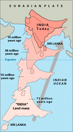 The Indian peninsula, and the Himalayas on the northeast, is the result of the collision of the Indian Plate with the Eurasian Plate through tectonic activity between 20 and 50 million years ago.
