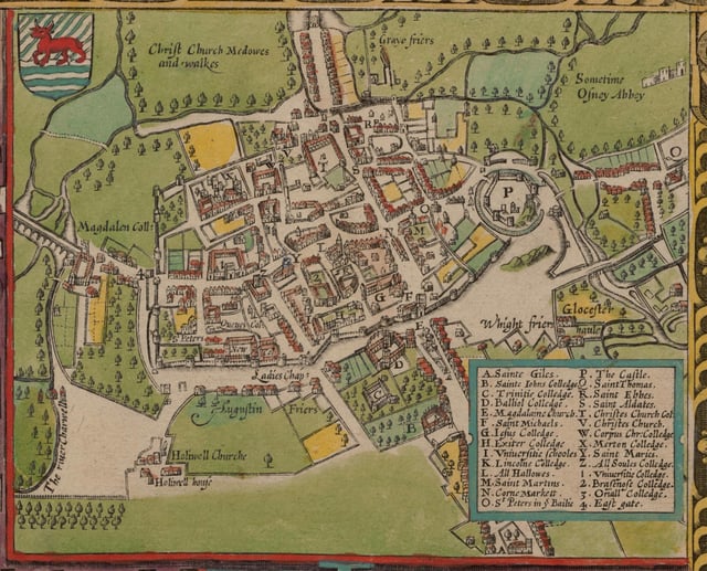In 1605 Oxford was still a walled city, but several colleges had been built outside the city walls (north is at the bottom on this map).