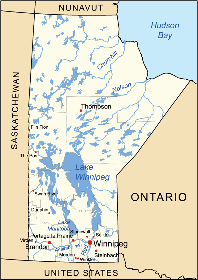 A map of Manitoba with the location of the major cities