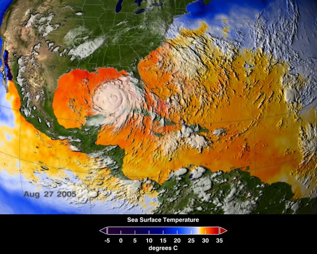 Average sea surface temperatures for the Caribbean Atlantic Ocean (25–27 August 2005). Hurricane Katrina is seen just above Cuba.
