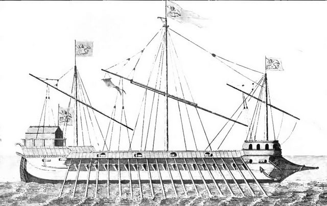 One of the Venetian Galleasses at Lepanto (1851 drawing, after a 1570s painting).