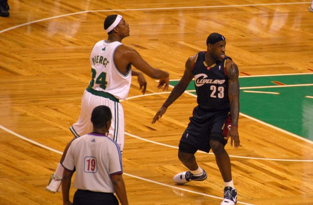 Former Celtics captain Paul Pierce being defended by LeBron James