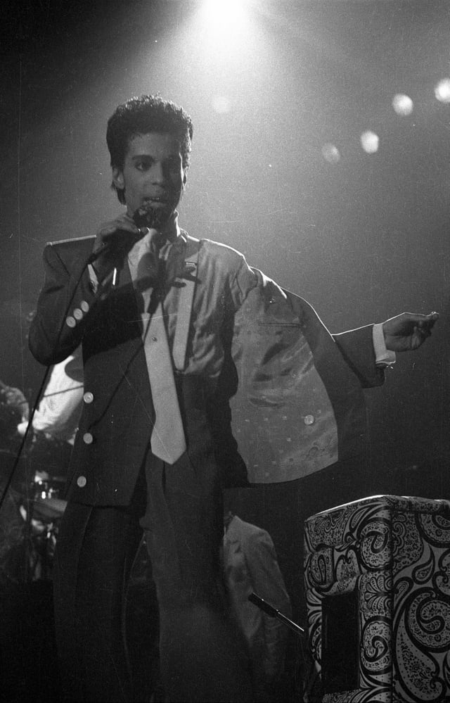 Prince performing in during the Parade Tour in Brussels, Belgium in 1986