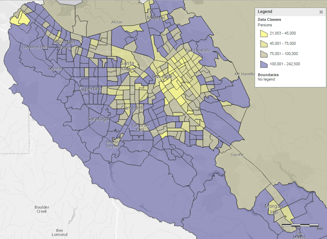 Thematic map showing median household income across central Santa Clara County as of 2014; the darker the color, the more affluent the area.