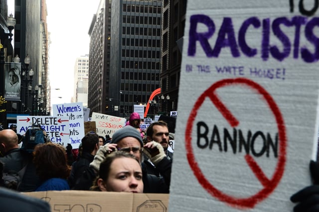 A placard criticizing Bannon at an anti-Trump protest