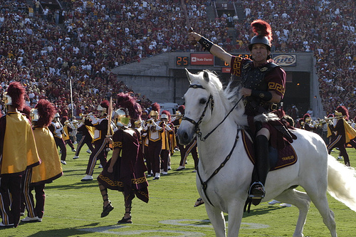 USC mascot Traveler with Trojan Warrior and The Spirit of Troy