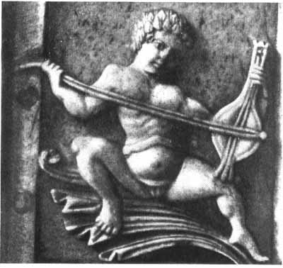 Earliest known depiction of a bowed lyra, from a Byzantine ivory casket (900–1100 AD). (Museo Nazionale, Florence)