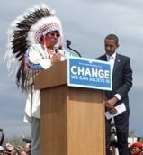 Carl Venne, the then Crow Indian Tribal Chairman, shows support for Democratic presidential nominee Barack Obama in 2008.