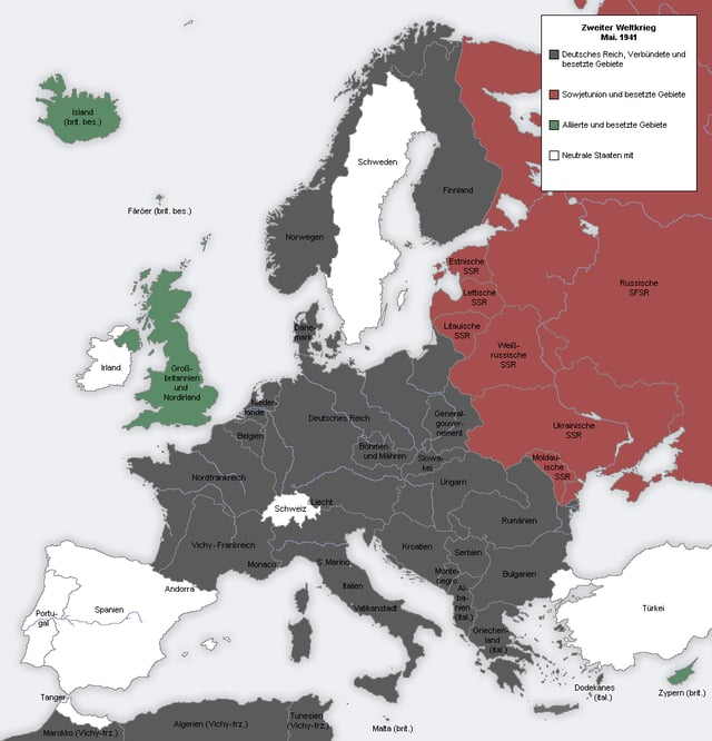 The geopolitical disposition of Europe in 1941, immediately before the start of Operation Barbarossa. The grey area represents Nazi Germany, its allies, and countries under its firm control.