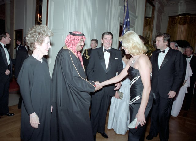 King Fahd with US President Ronald Reagan and future US President Donald Trump in 1985. The US and Saudi Arabia supplied money and arms to the anti-Soviet mujahideen fighters in Afghanistan.
