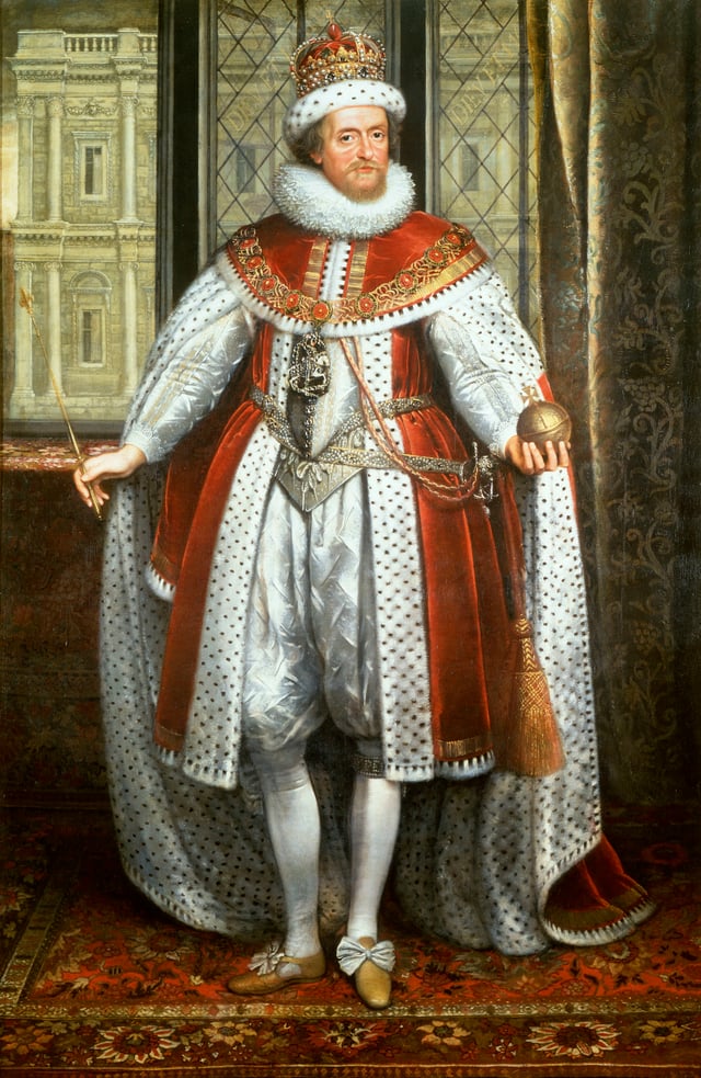 Portrait by Paul van Somer, c. 1620. In the background is the Banqueting House, Whitehall, by architect Inigo Jones, commissioned by James.