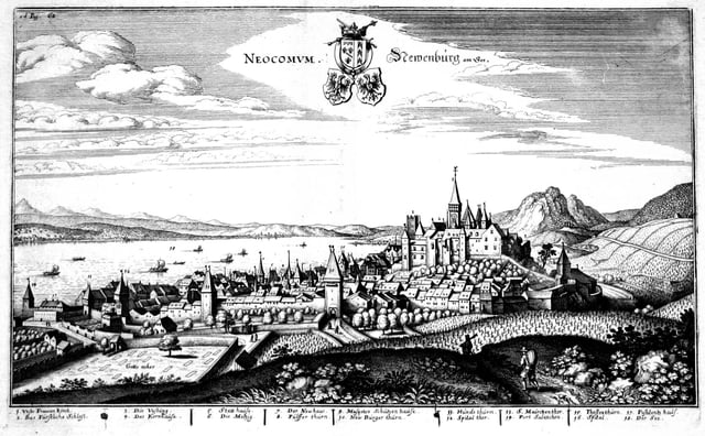 Neuchâtel in 1645, showing the spires of Neuchâtel Castle