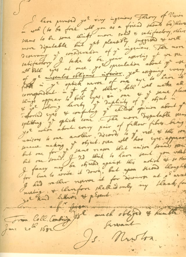 Facsimile of a 1682 letter from Isaac Newton to Dr William Briggs, commenting on Briggs' A New Theory of Vision.