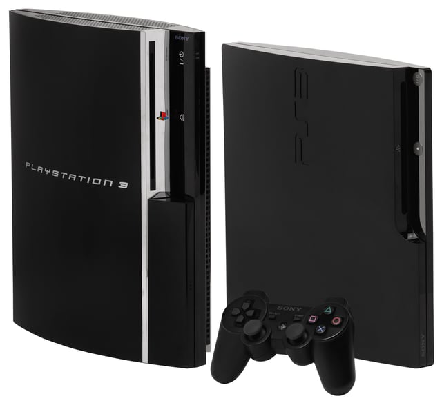 Original (left) and slim (right) PlayStation 3 consoles with the DualShock 3 controller