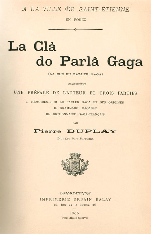 Title page of a Franco-Provençal dictionary from Saint-Étienne, France (1896): "The Key to the Gaga Dialect".