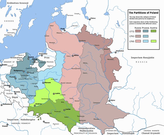 The partitions of Poland, carried out by the Kingdom of Prussia, Russia, and the Habsburg Monarchy in 1772, 1793 and 1795
