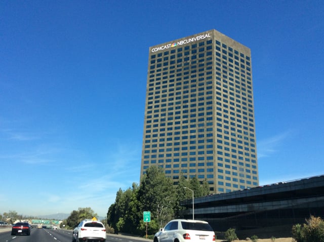 10 Universal City Plaza in 2015 after Comcast acquired GE's remaining stake in NBC Universal. Notice the wording on the top of the building changed.