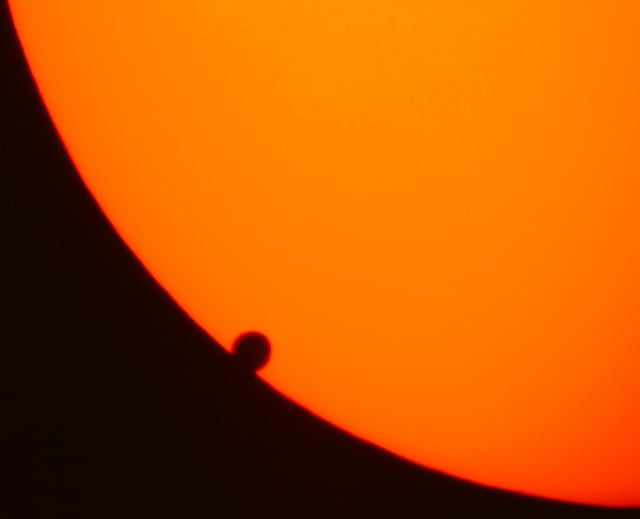 Transits of Venus across the face of the Sun were, for a long time, the best method of measuring the astronomical unit, despite the difficulties (here, the so-called "black drop effect") and the rarity of observations.