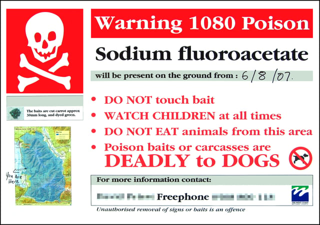 Warning of poisonous sodium fluoroacetate baits