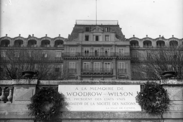 In 1924, the headquarters of the League was named "Palais Wilson", after former US President Woodrow Wilson, who was credited in the memorial outside the building as the "Founder of the League of Nations"