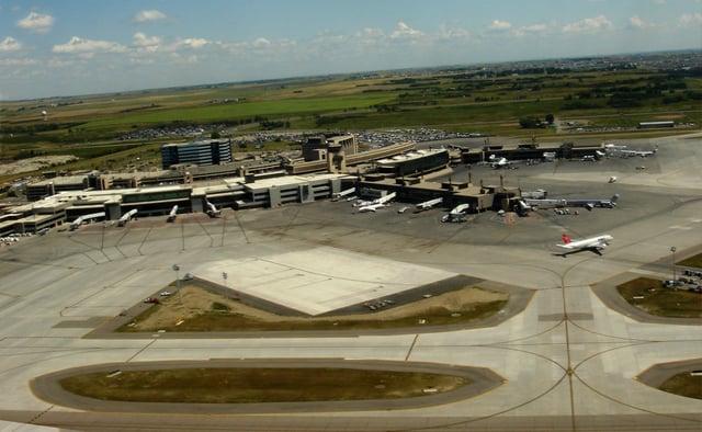 Aerial view of Calgary International Airport, the province's largest airport by passenger traffic.