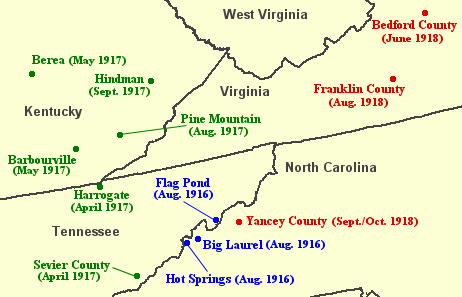 Locations in Southern and Central Appalachia visited by the British folklorist Cecil Sharp in 1916 (blue), 1917 (green), and 1918 (red). Sharp sought "old world" English and Scottish ballads passed down to the region's inhabitants from their British ancestors. He collected hundreds of such ballads, the most productive areas being the Blue Ridge Mountains of North Carolina and the Cumberland Mountains of Kentucky.