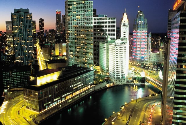The former Chicago Sun-Times Building (site of current Trump International Hotel and Tower), Wrigley Building and Tribune Tower